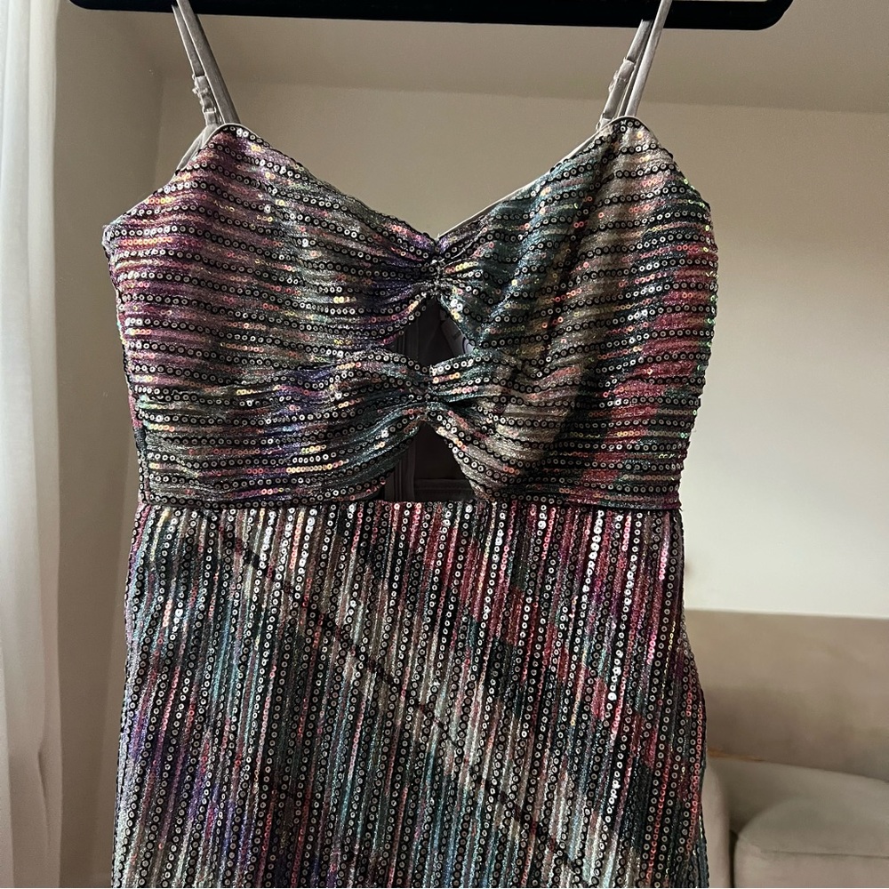 Saylor Lissandra Sequined Midi Dress Rainbow Double Cutout Spaghetti Strap XS C9 - Picture 8 of 11